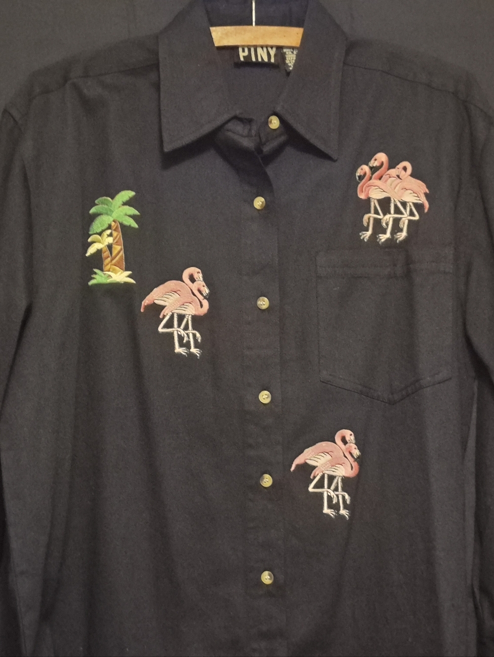 PTNY Women's Black Button-Up Shirt W/ Pink Flamingo Embroidery
